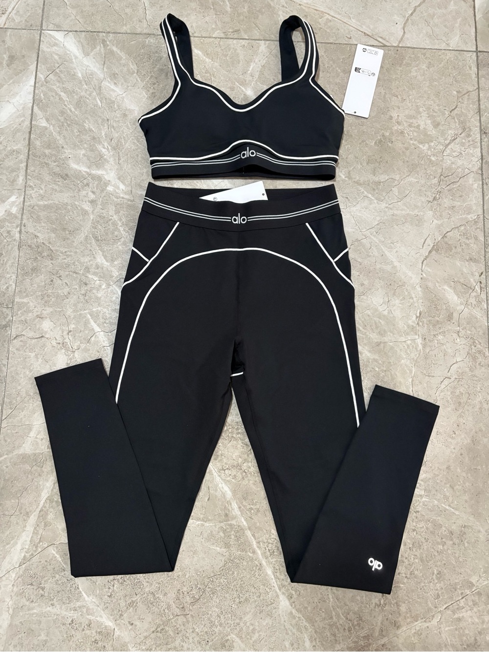 ALO Yoga Black Leggings and Matching Sports Bra Set with White Piping